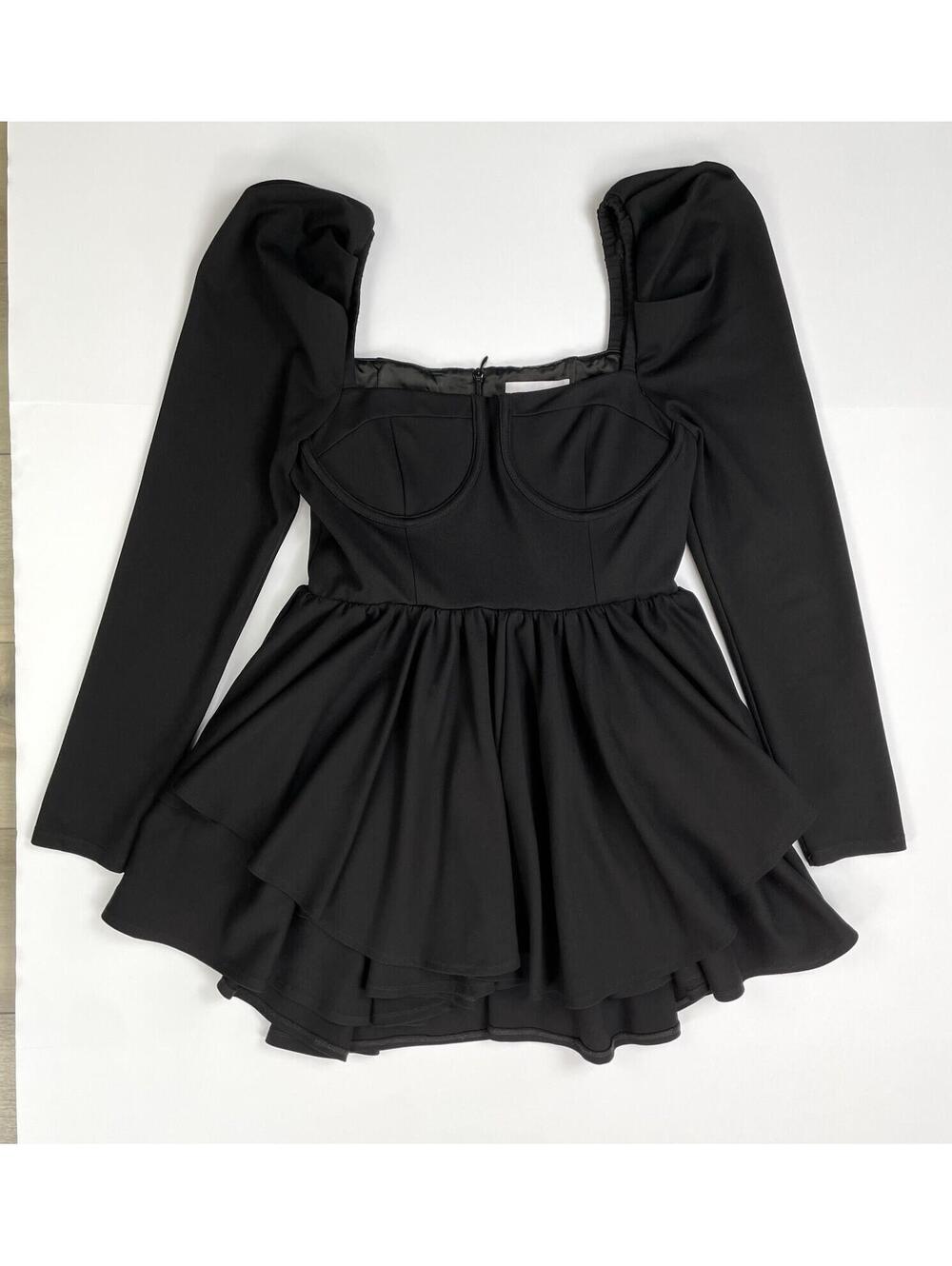 Selkie The Caviar Boleyn Dress Short Mini Tiered Long Sleeve Heavy Fabric Large